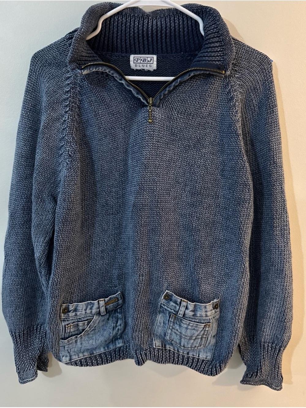 PBJ Blues Y2K Blue Knit Quarter Zip Sweater Denim Pockets